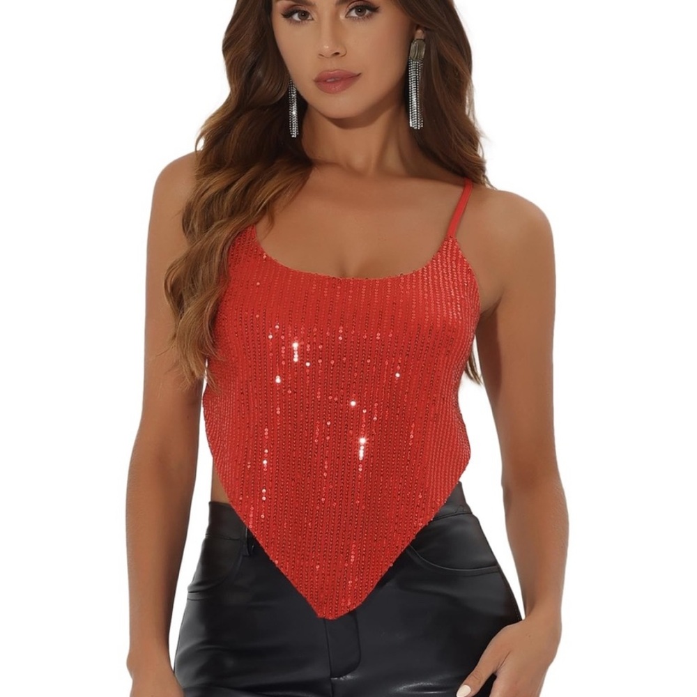 NWT Allegra K Red Sequin Spaghetti Strap Crisscross Backless Party Cami – Small